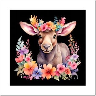 A moose decorated with beautiful watercolor flowers Posters and Art